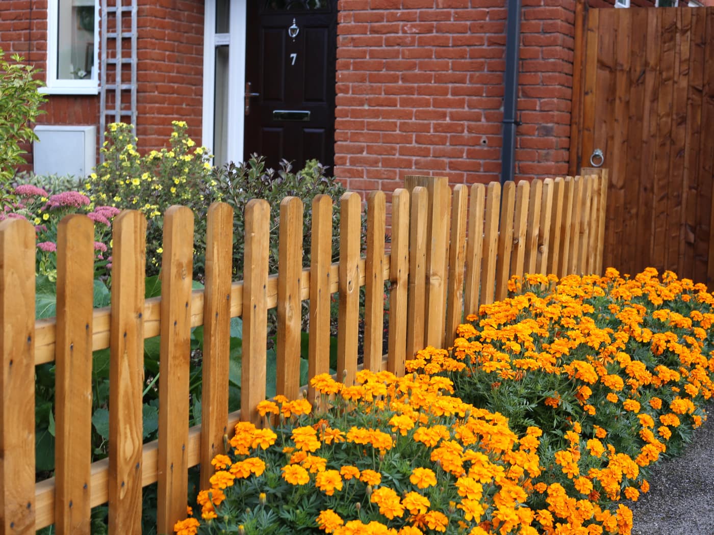 Picket fence by a front door